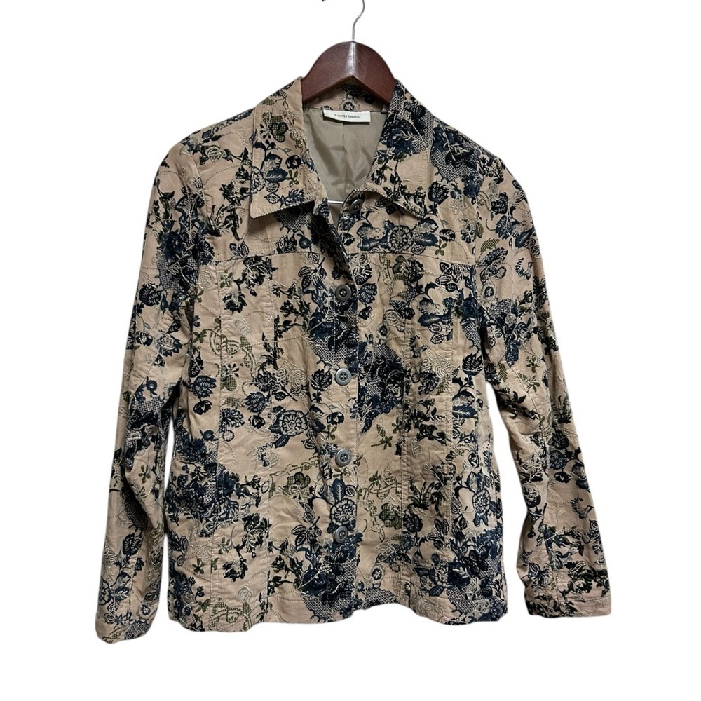 Tantrums Jacket Blazer Women’s Size Small Tan Corduroy Blue Embroidered Floral